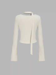 Asymmetrical Neck Solid Button Long Sleeve Top With Scarf