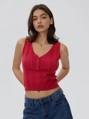 Jacquard V-Neck Button Front Slim Crop Top