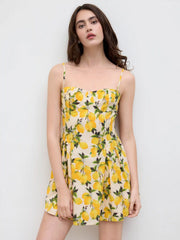 Cotton Sweetheart Neckline Lemon Lace Up Mini Dress