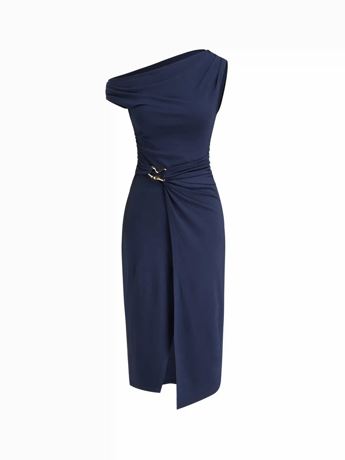 Asymmetrical Neck Wrap Metal Detail Ruched Midi Dress