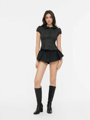 Polka Dot Peter Pan Collar Puff Sleeve Cropped Top