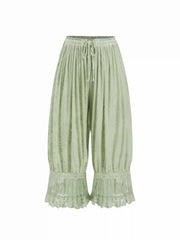 Velvet Floral Lace Trim Drawstring Cropped Bloomer Pants