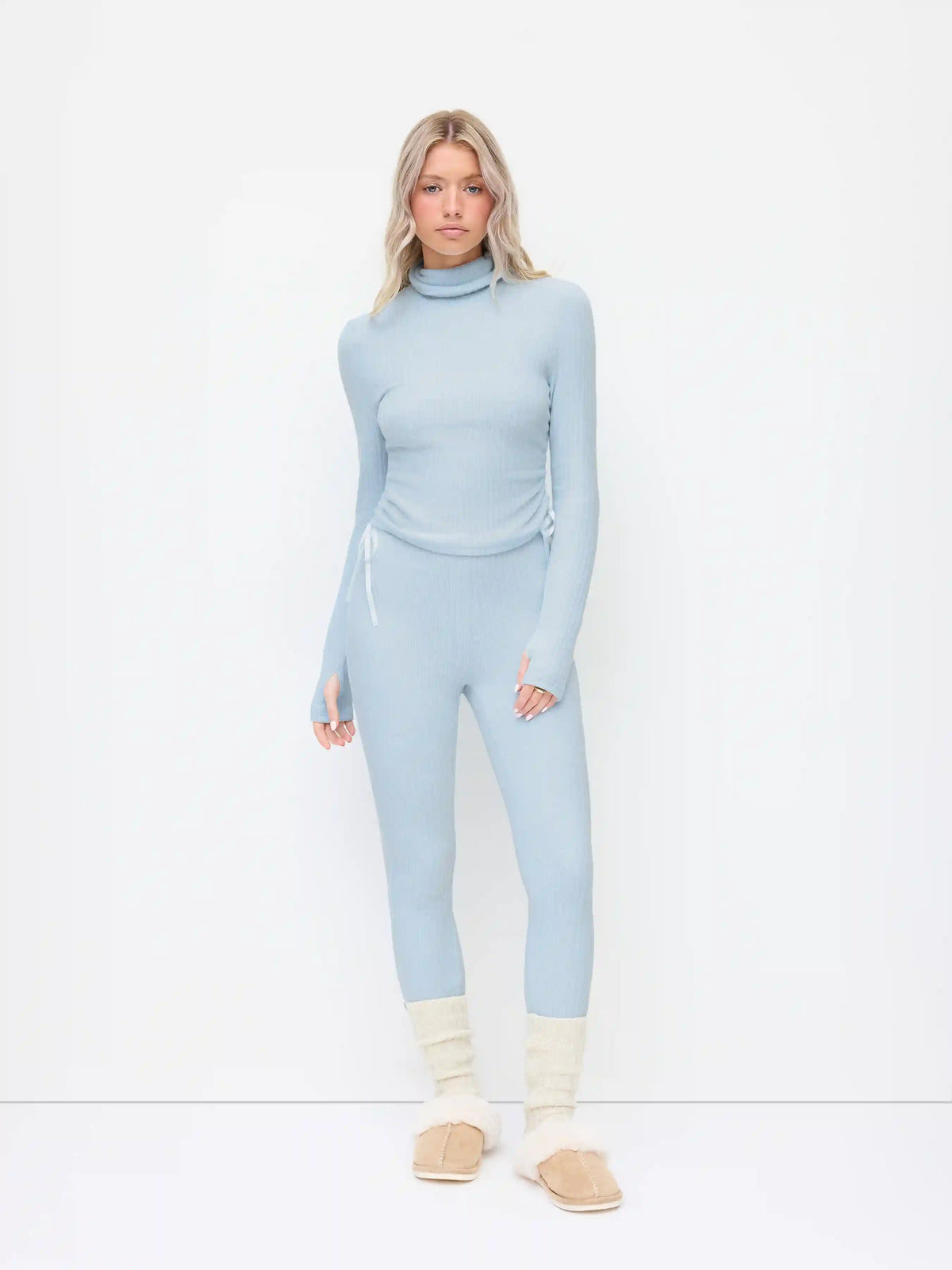 Turtleneck Drawstring Ruched Cropped Top & Mid Rise Leggings Set