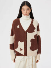 Wool-blend V-neck Cow Print Contrast Trim Cardigan