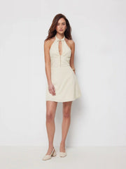 Linen-blend Halter Neckline Bowknot Cut Out A-line Mini Dress