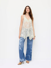 Jacquard V-neck Floral Lace Panel Ruffled Oversized Blouse