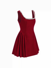 Velvet Square Neck Rhinestone Detail Pleated Mini Dress