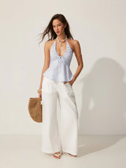 Cotton-blend Striped Halter Neckline Drawstring Peplum Hem Top