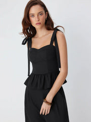 Linen-blend Sweetheart Bowknot Ruffled Tank Top & Mid Rise Wide Leg Trousers Set