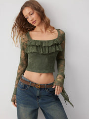 Lace Square Neck Ruffle Sleeve Crop Top