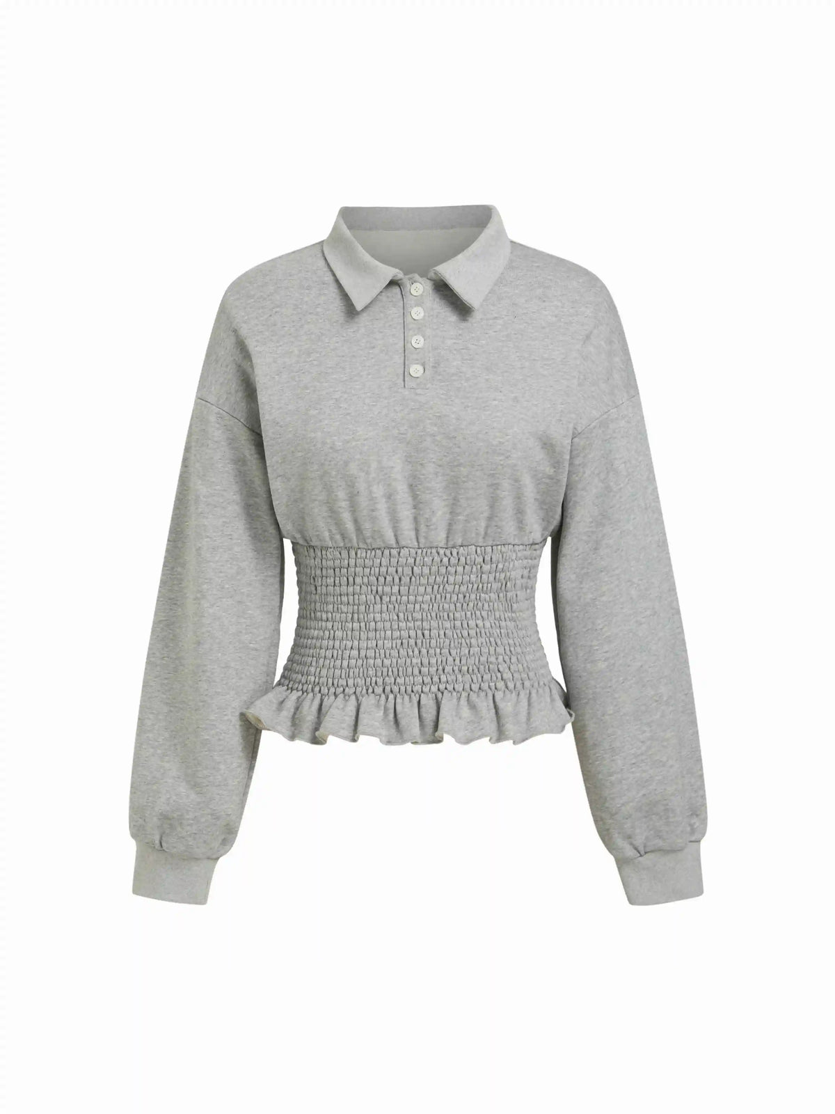 Cotton-blend Collar Smocking Ruffled Hem Sweatshirt