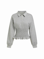 Cotton-blend Collar Smocking Ruffled Hem Sweatshirt