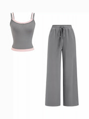 Scoop Neck Two Tone Layered Look Crop Cami Top & Low Rise Straight Drawstring Leg Trousers Set