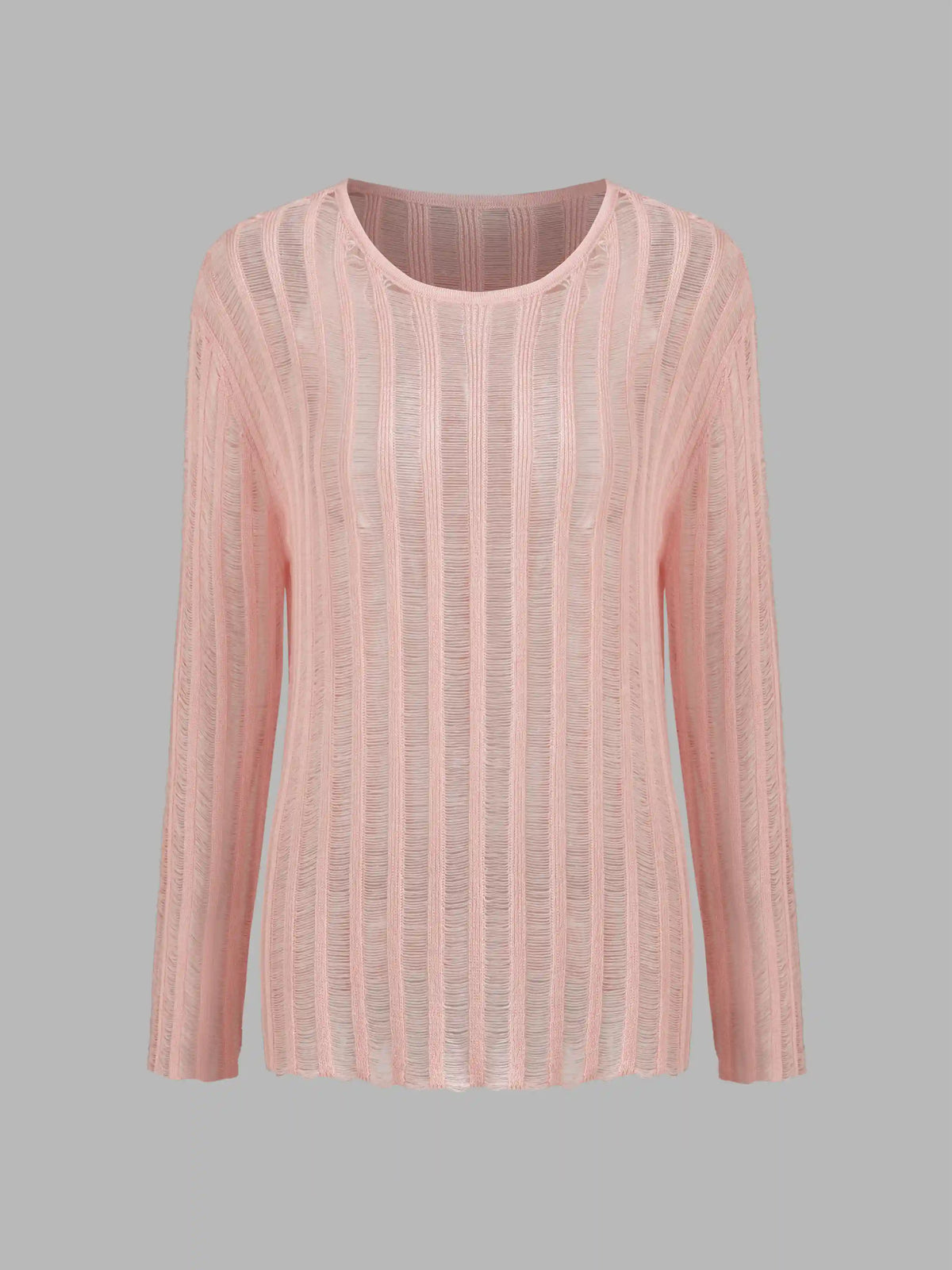 Knit Round Neckline Solid See-through Striped Long Sleeve Top