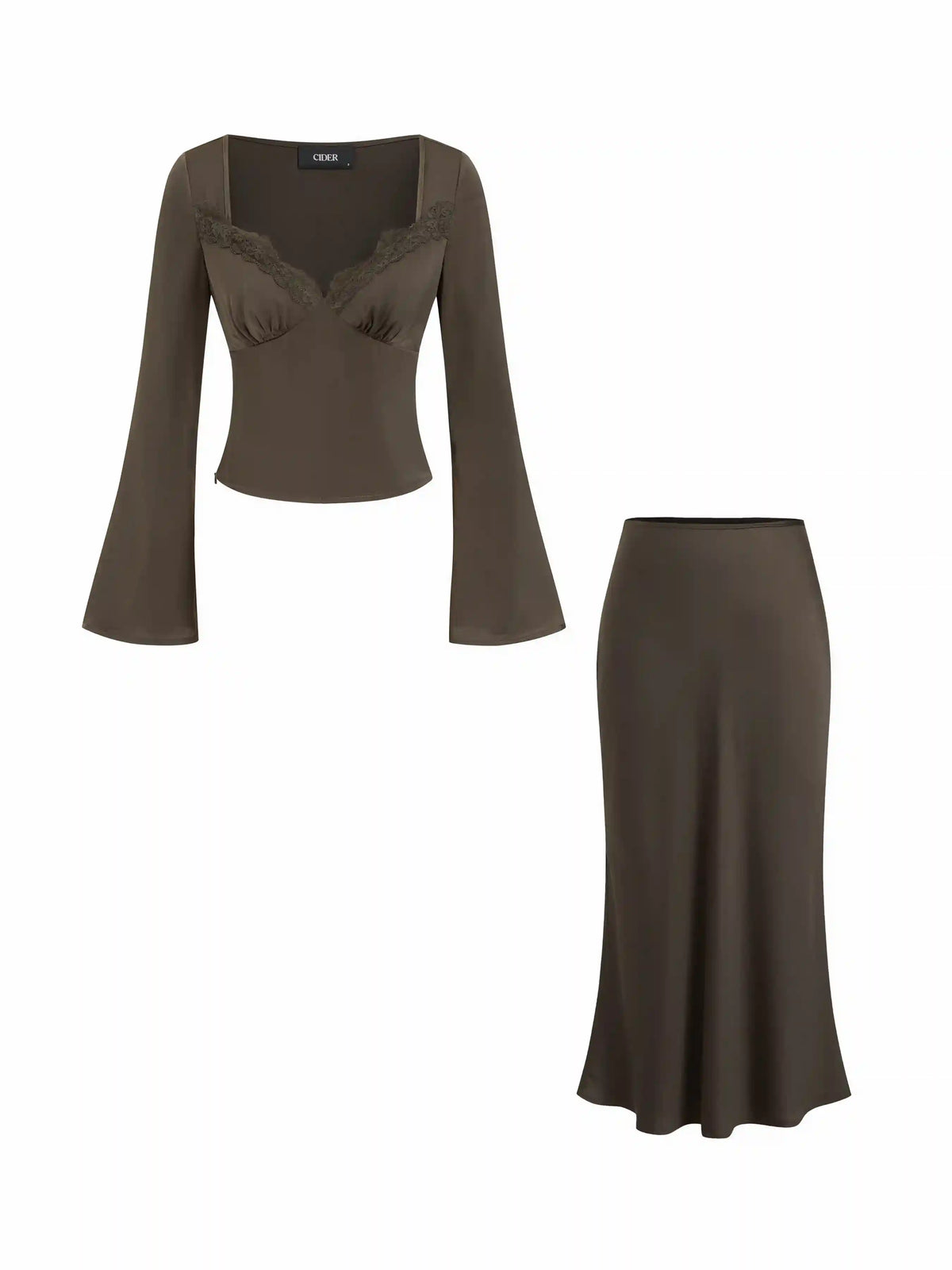 Satin Lace Bell Sleeve Crop Top & Mid Rise Midi Skirt Set
