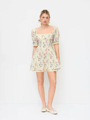 Floral Square Neck Puff Sleeve Shirred Babydoll Mini Dress