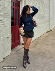 Denim Stand Collar Bell Sleeve Blouse