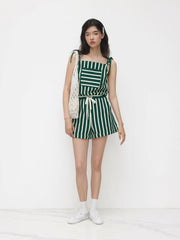 Square Neck Stripe Drawstring Knotted Romper