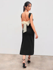 Square Neck Ruched Split Bowknot Maxi Dress