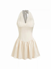 Satin Halter Neckline Ruffled Pleated Slim Mini Dress