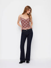 Plaid Cowl Neck Lace Trim Cami Top