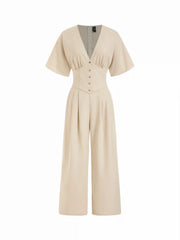 Linen-blend Mid Rise V-neck Ruched Wide Leg Jumpsuit