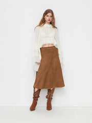 Suede Mid Rise Elastic Waist A-line Maxi Skirt