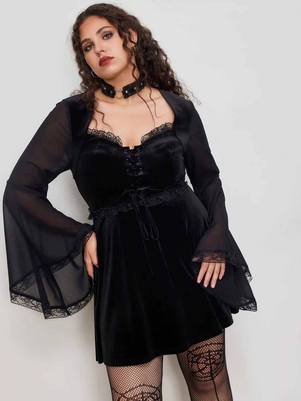 Velvet Square Neck Lace Up Bell Sleeve Mini Dress Curve & Plus