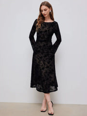 Mesh Boat Neck Floral Ruched Long Sleeve Maxi Dress