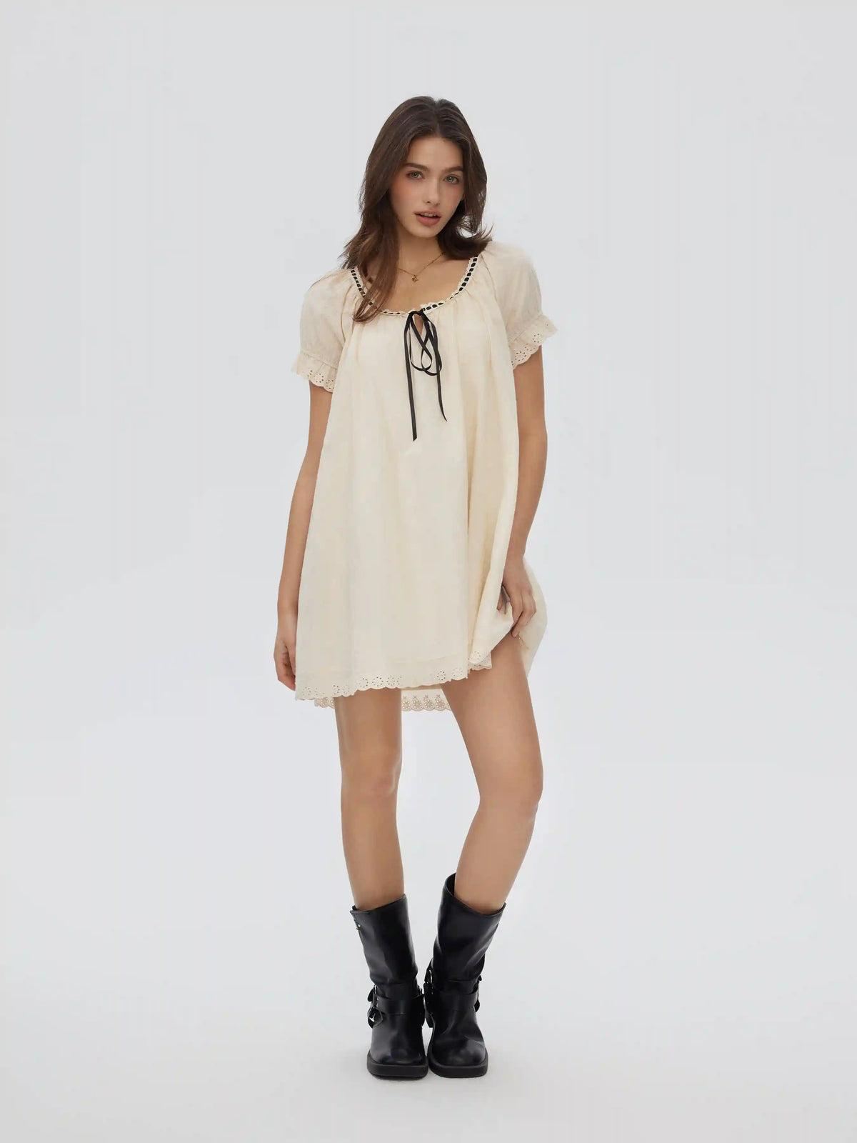 Cotton-blend Puff Sleeve Twist Knotted Scoop Neck Smock Mini Dress