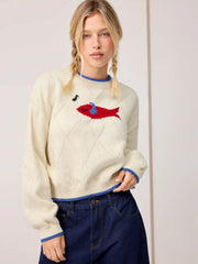 Knit Round Neckline Fish Graphic Contrasting Binding Oversized Top