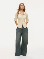 Collar Mid-length Sleeve Button Top