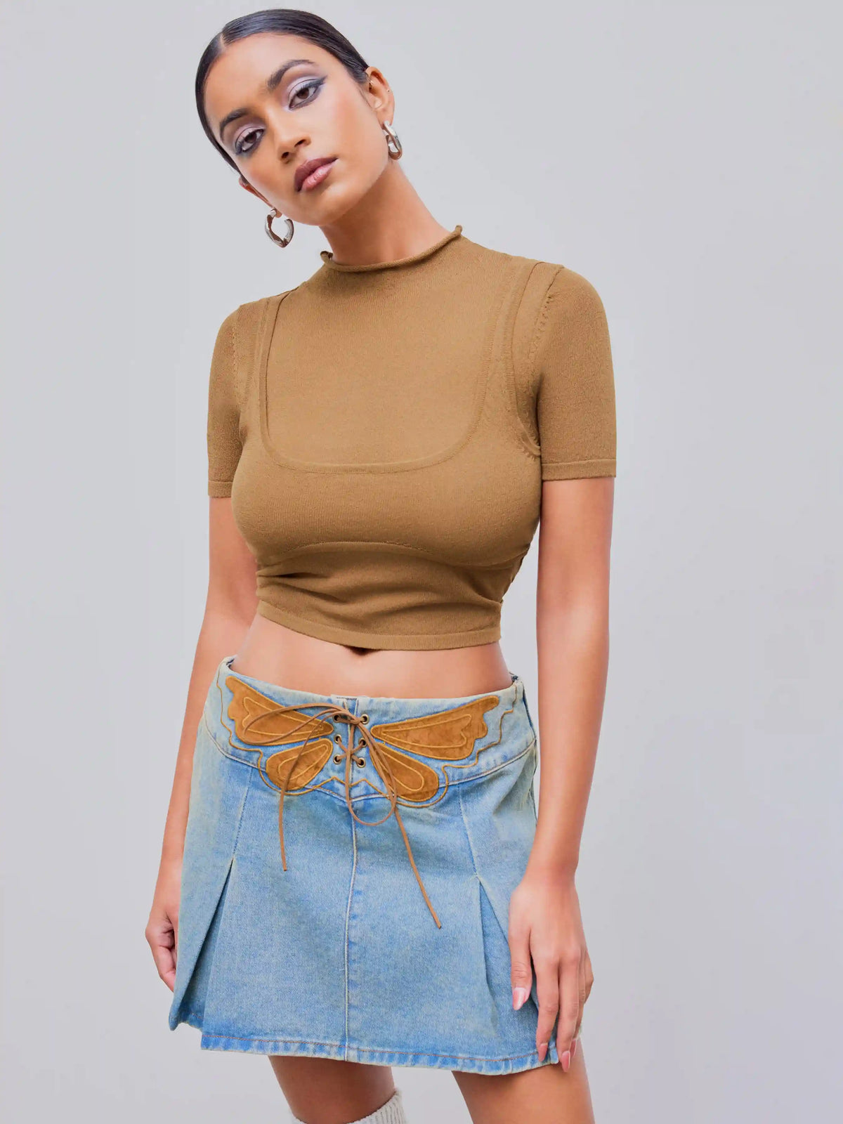 High Neck Solid Knitted Short Sleeve Top