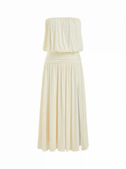 Draped Strapless Ruched Side Slit Flared Maxi Dress