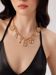 LOCK & KEY & HEART & BOW & FEATHER CHAIN NECKLACE