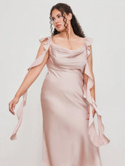 Satin Cowl Neck Solid Ruffle Hem Maxi Dress Curve & Plus