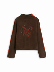 Knit High Neck Horse Embroidery Stitch Oversized Sweater