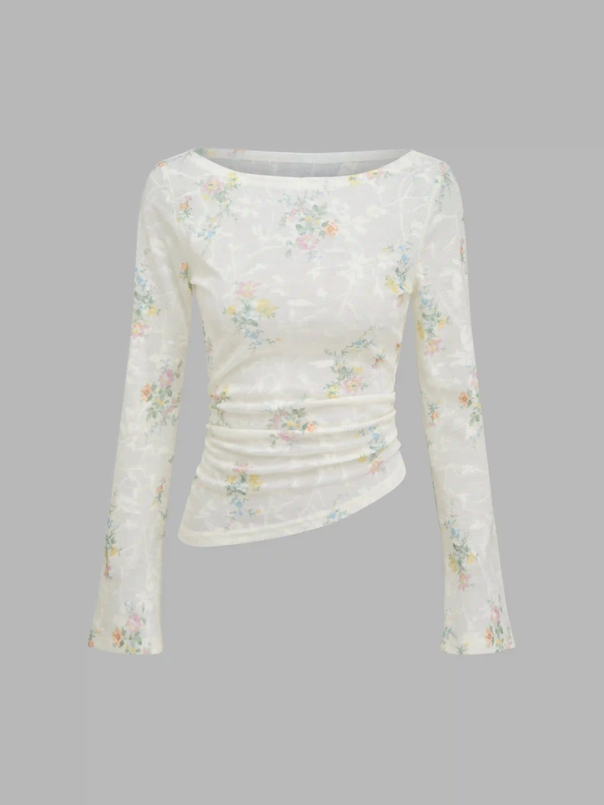 Top de manga larga floral asimétrico con estampado de cuello en barco
