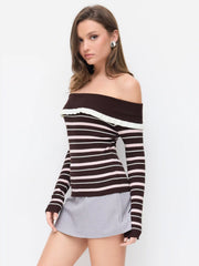 Knit Off-Shoulder Striped Ruffled Top