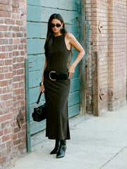 Round Neck Belted A-line Maxi Dress With Belt