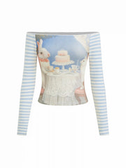 Cotton-blend Off-shoulder Rabbit Graphic Striped Patched Long Sleeve Tee