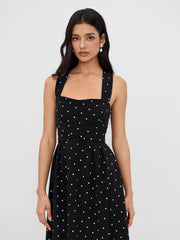 Square Neck Polka Dot Ruffle Criss Cross Maxi Dress
