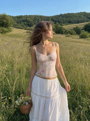 Sweetheart Lace Floral Lettuce Trim Bowknot Cami Top