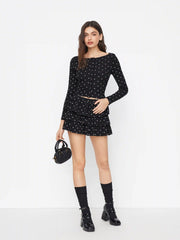 Cotton-blend Polka Dot Boat Neck Long Sleeve Top & Mid Rise Layered Mini Skirt Set
