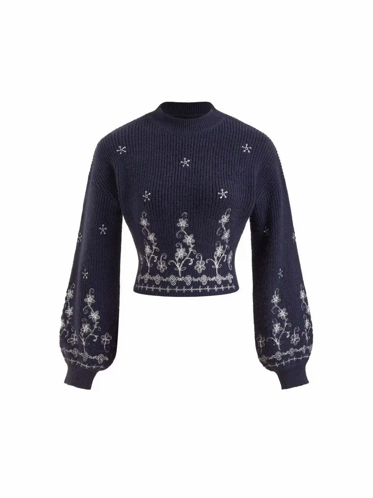 Knit Floral High Neck Lantern Sleeve Crop Top