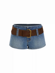 Washed Denim Low Rise Micro Shorts With Belt