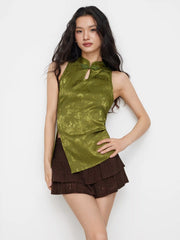 Mandarin Collar Floral Split Ruched Cut Out Tank Top