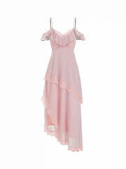 Chiffon V-neck Ruffle Sleeve Lace Panel A-line Maxi Dress