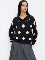 Knit Polka Dot Polo Neck Long Sleeve Oversized Top