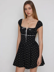 Cotton-blend Polka Dot Square Neck Bowknot A-line Mini Dress